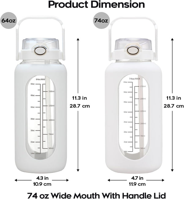 74 Oz Glass Water Bolttles with Straw Large Motivational Water Bottle with Time Marker Sports Water Bottles with Silicone Sleeve and Handle Lid
