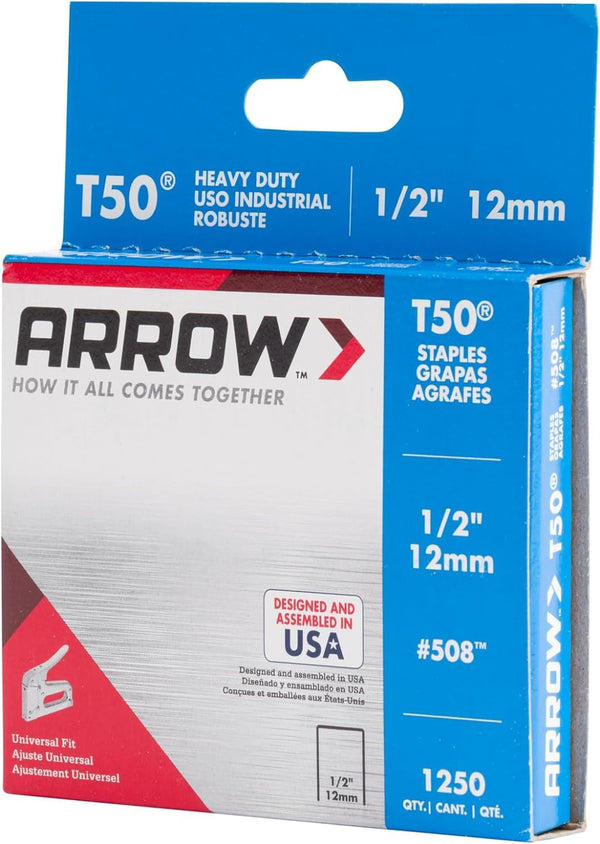 Arrow 508 Heavy Duty T50 1/2-Inch Leg Length, 3/8-Inch Crown, Staples for Upholstery, Construction, Furniture, Crafts, 1250 Count(Pack of 1) |