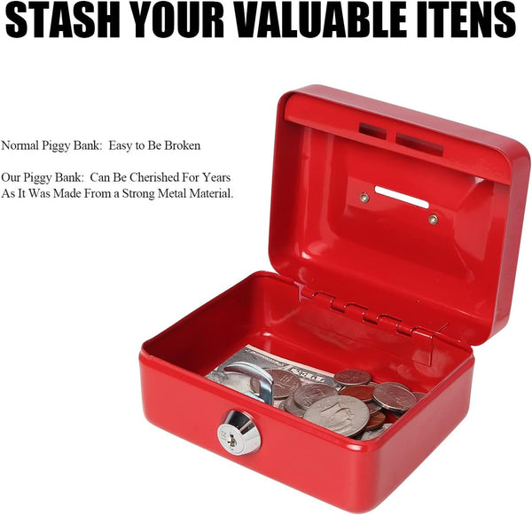 Small Cash Box with Lock and Slot - Jssmst Metal Coin Bank Piggy Bank for Adults and Kids, Red(SMCB0303N) Red XS(4.92")-slot