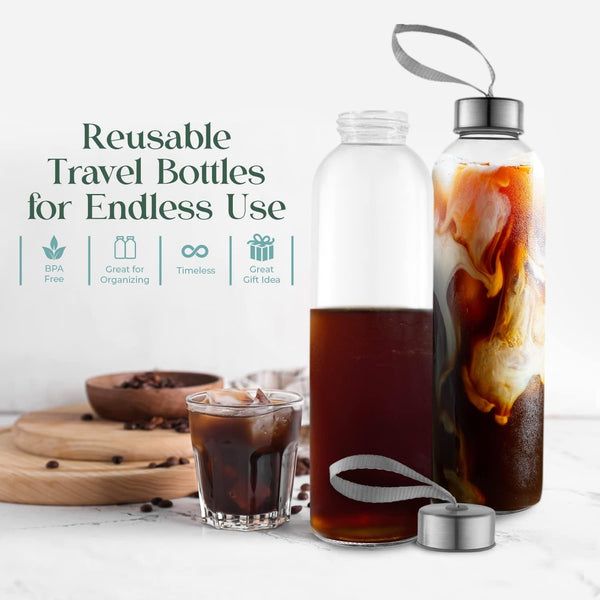 Kitchen Lux 16 Ounce Glass Water Bottles, Reusable Water Bottles with Airtight, Pack of 6, Stainless Steel Lids Carrying Strap And Nylon Water
