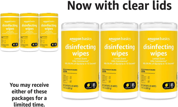 Amazon Basics Disinfecting Wipes, Lemon Scent, for Sanitizing, Cleaning & Deodorizing, 255 Count (3 Packs of 85)