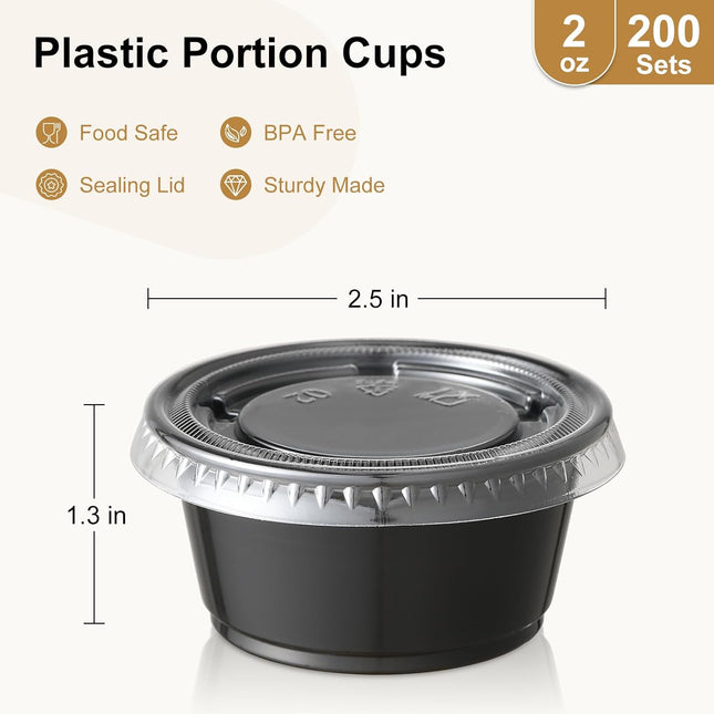 AOZITA 200-2 Oz Black Jello Shot Cups, Portion Cups, Small Plastic Containers with Lids, Airtight Souffle Cups, Salad Dr