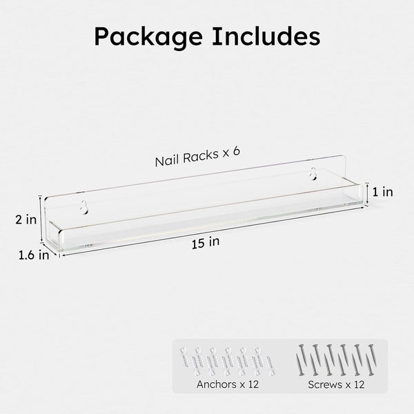 FEMELI Nail Polish Wall Rack: 6 Shelves 15 Inch Clear Acrylic Nail Polish Organizer for 66-90 Bottles Multi-Purpose Acrylic Floating Shelves (15