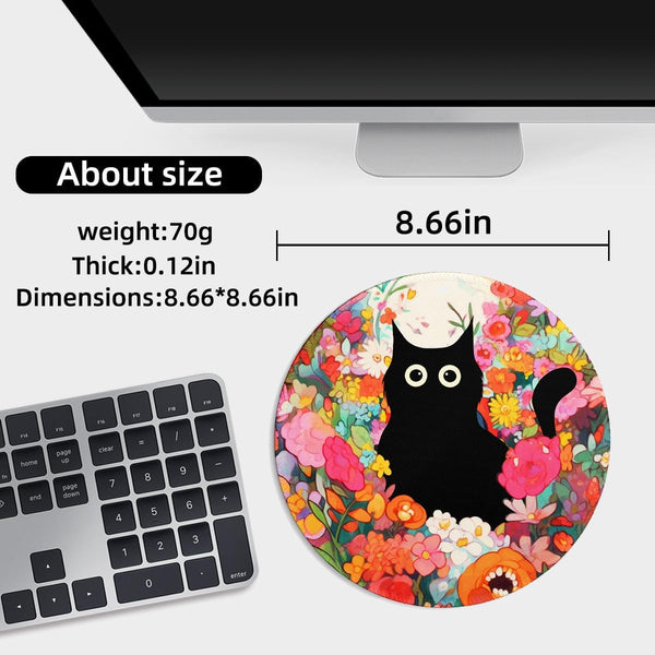 Black Cat Flower Small Mouse Pad, Cute Aesthetic Anime Mousepad with Non-Slip Rubber Base, Round Mouse Pads for Desk Accessories Laptop Gaming