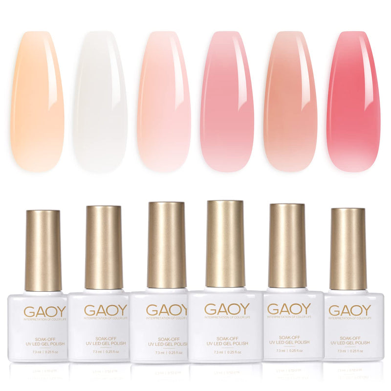 GAOY Milky White Jelly Nude Gel Nail Polish Set, 6 Transparent Colors Sheer Pink Orange Soak off UV Light Cure Gel Polish Kit for Salon and Nail