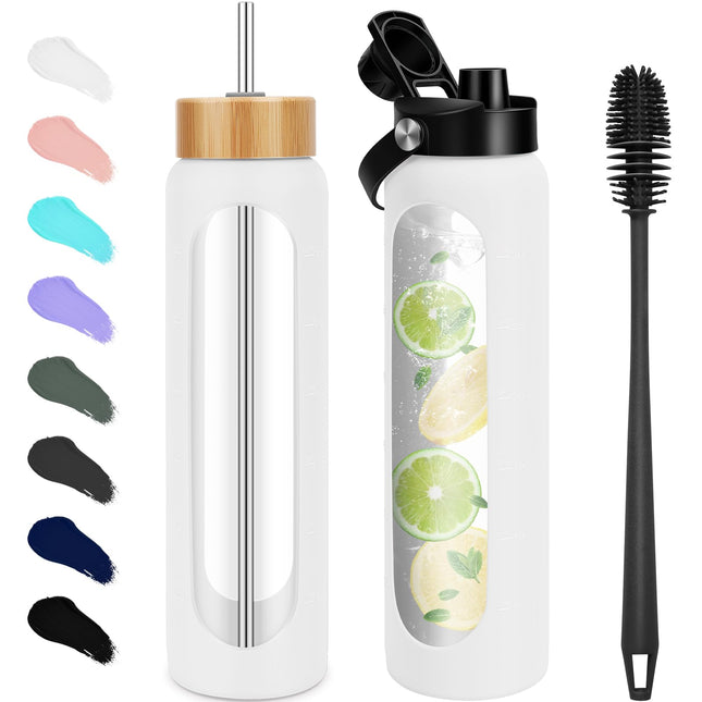 32 Oz Glass Water Bottles - 1 Liter Motivational Tumbler Water Bottle Time Marker - Borosilicate Glass Water Bottle with