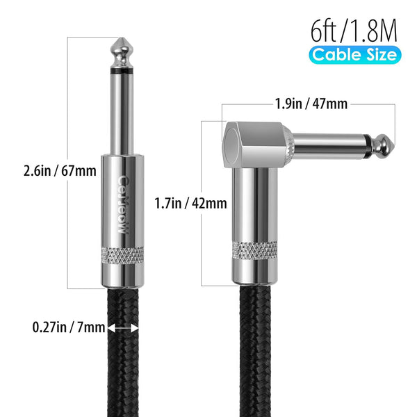 Guitar Cable 6ft 1/4 Inch Guitar Cord Straight to Right Angle Instrument Cable with Braided Tweed and Anti-Kinking Design,Black 6ft Black 1