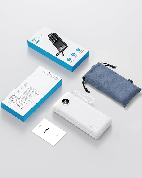 VRURC Portable Charger, Slim Power Bank Built-in 4 Cables, Travel Essential White