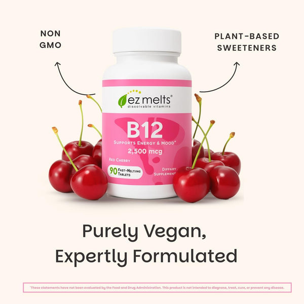 EZ Melts Dissolvable B12 Methylcobalamin 2,500 mcg - Vitamin B12 for Energy & Immune Support - Non-GMO, Vegan & Gluten-Free - Red Cherry - 90
