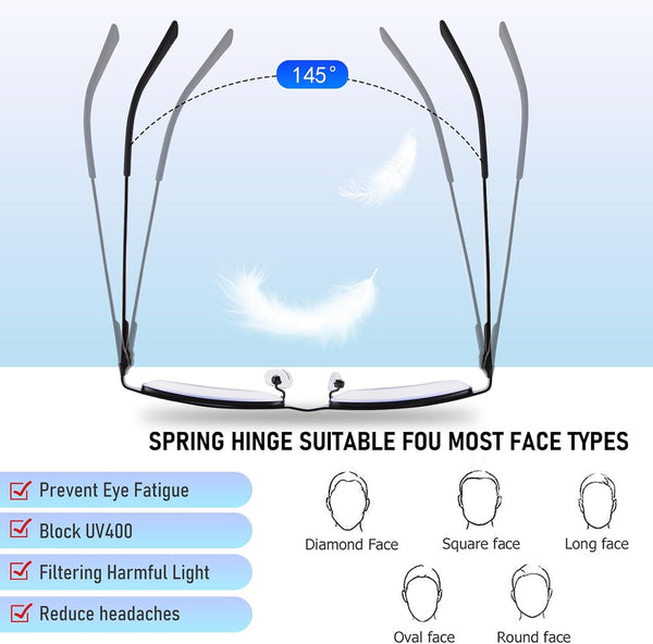 Blue Light Blocking Glasses, Lightweight Metal Half Frame Computer Reading/Gaming/TV/Phones Glasses,Filter UV Ray/Computer Glare with Spring Hinge