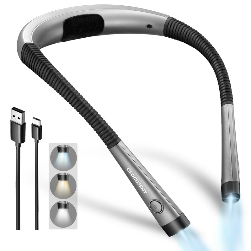 Glocusent Book Light, 3-Color & 6-Brightness Reading Light, Bendable Neck Light, 80-Hr Lasting Rechargeable Lamp, Perfect Book Light for Reading