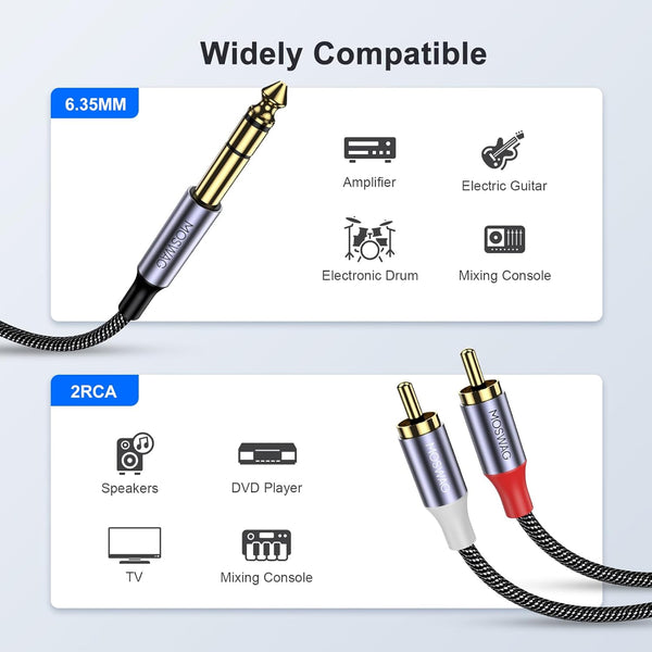 MOSWAG 1/4" to RCA Audio Cable, Quarter inch TRS to RCA Audio Cable 6.35mm Stereo Jack to Dual RCA Insert Cable Y Splitter Cable-3.3FT 3.3 ft Black