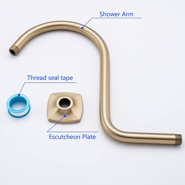 13 Inch High Rise S Shape Shower Extension Arm with Flange,Brushed Gold Shower Head Extender Arm Wall Mounted,Standard 1/2" Connection-Bathroom