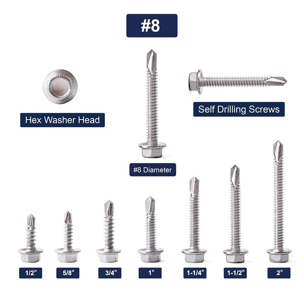 #8 x 1 Sheet Metal Screws 100PCS 410 Stainless Steel Hex Washer Head Fast Self Tapping Screws by SG TZH #8 x 1"