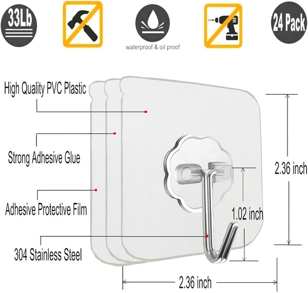 Jwxstore 12 Pack Adhesive Wall Hooks 33LB Heavy Duty No Drill Transparent Waterproof Hooks for Bathroom Kitchen Towel Coat Office Home Outdoor