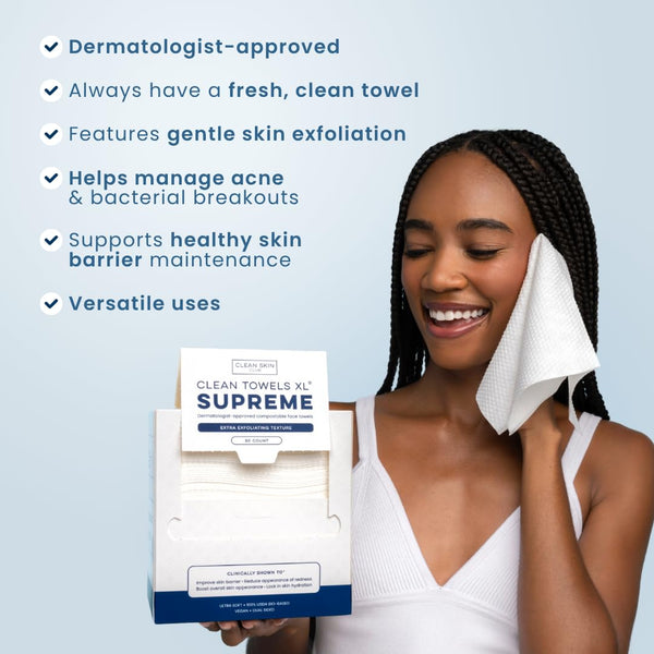 Clean Skin Club Clean Towels XL® Supreme, 100% USDA Biobased Face Towel, Disposable Face Towelette, Eczema Association Accepted, Thicker Textured