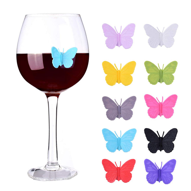 ALYC Wine Glass Markers Set of 10 Silicone Drink Glass Charms &Wine Charm Tags with Suction Cup (Butterfly Assorted)