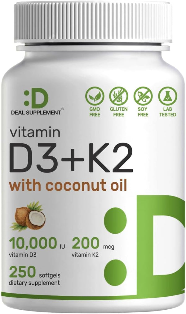 DEAL SUPPLEMENT Vitamin D3 10,000 IU + K2 MK7 200 Mcg, Infused with Virgin Coconut Oil, 250 Softgels, Double Strength Vitamin D & K, Promotes