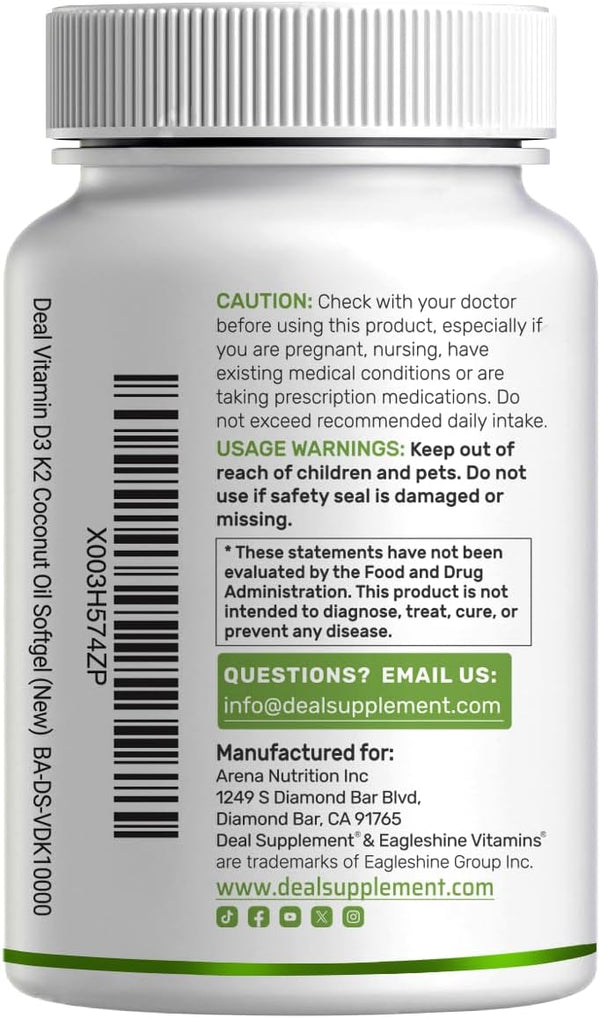 DEAL SUPPLEMENT Vitamin D3 10,000 IU + K2 MK7 200 Mcg, Infused with Virgin Coconut Oil, 250 Softgels, Double Strength Vitamin D & K, Promotes