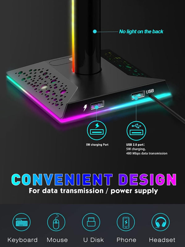 RGB Gaming Headphones Stand with 2 USB Ports Headset Stand with 10 Light Modes and Non-Slip Rubber, Suitable for All Earphone Accessories, Best