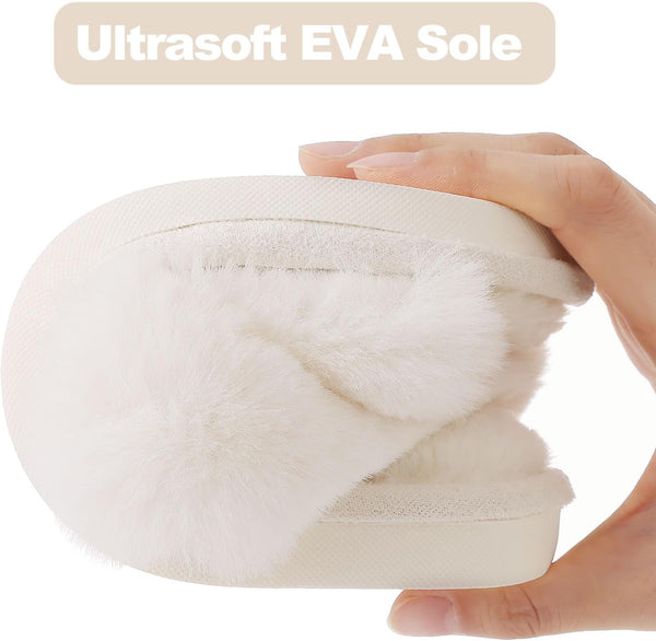 Evshine Memory Foam Fuzzy House Slippers for Women | Faux Fur Cross Band Open Toe Indoor Slippers, Gifts for Women, Moms and Bridesmaids 8 White
