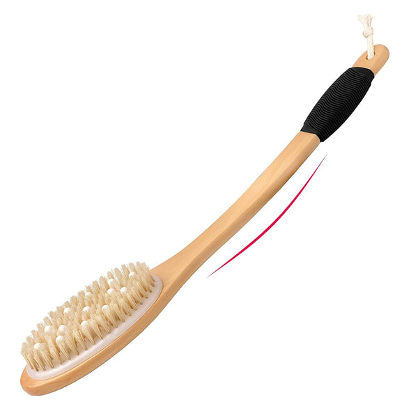 OWIIZI Bath Brush with Cellulite Massagers, Wooden Curved Long Handle Antiskid Dry Brushing Body Brush for Exfoliating, Natural Bristle Back