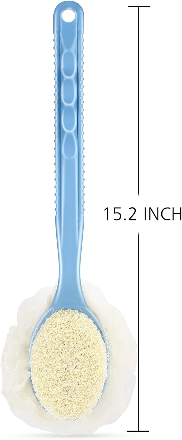 Shower Body Brush Bristles & Mesh Loofah Sponge,Curved Handle Back Scrubber Blue