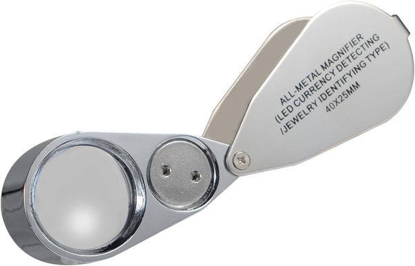 40X Full Metal Illuminated Jewelry Loop Magnifier, XYK Pocket Folding Magnifying Glass Jewelers Eye Loupe with LED(LED Currency Detecting/Jewelry