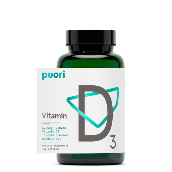 Puori Vitamin D3 with Organic Coconut Oil - 120 X 2500 IU - for Healthy Muscle Function, Bone Health, Immune Support and Calcium Uptake- Non-Gmo