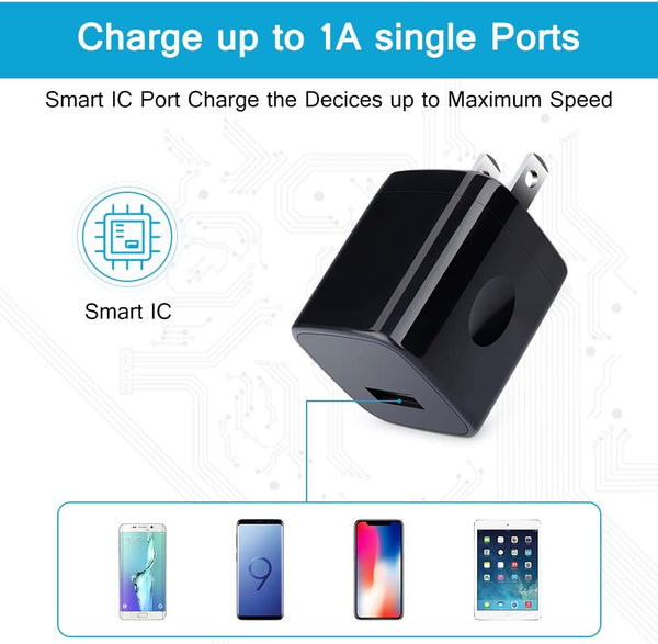 Wall Charger Cube,1A/5V Single Port USB Plug 3 Pack Travel Black Charging Block Box Adapter Compatible Phone,Samsung Galaxy S24 S23 A21 A51 A71