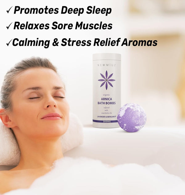 Arnica Bubble Bath Bombs Lavender Bergamot Essential Oils Luxurious Mega Foaming Bath Bombs for Dry Skin Nourishment Moisturizing Blissful Bath