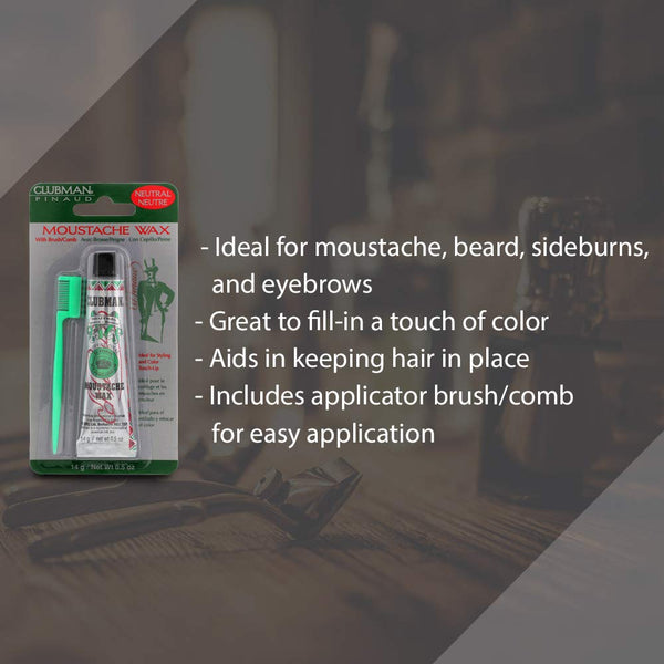 Clubman Mustache Wax for Men – Neutral, Strong Hold Moustache Wax with Styling Brush, 0.5 oz x 3 Packs Neutral 0.5 Ounce (Pack of 3)