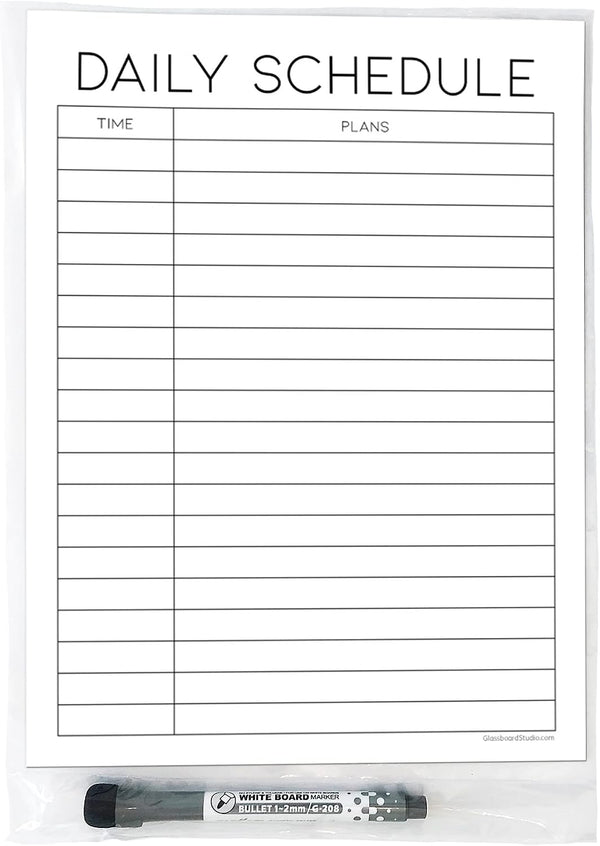 Dry Erase Daily Schedule Planner Sticker Decal by Glassboard Studio | Removable & Reusable | Magnetic Fine-Tip Marker Included (9 x 12 inches,