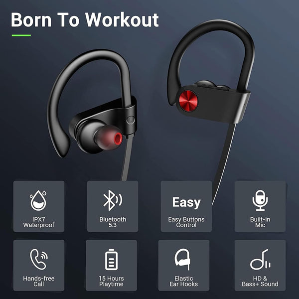 Bluetooth Headphones, Bluetooth 5.3 IPX7 Waterproof Wireless Sports Earbuds for Workout Gym, 16 Hrs Playtime Running Headphones with Noise
