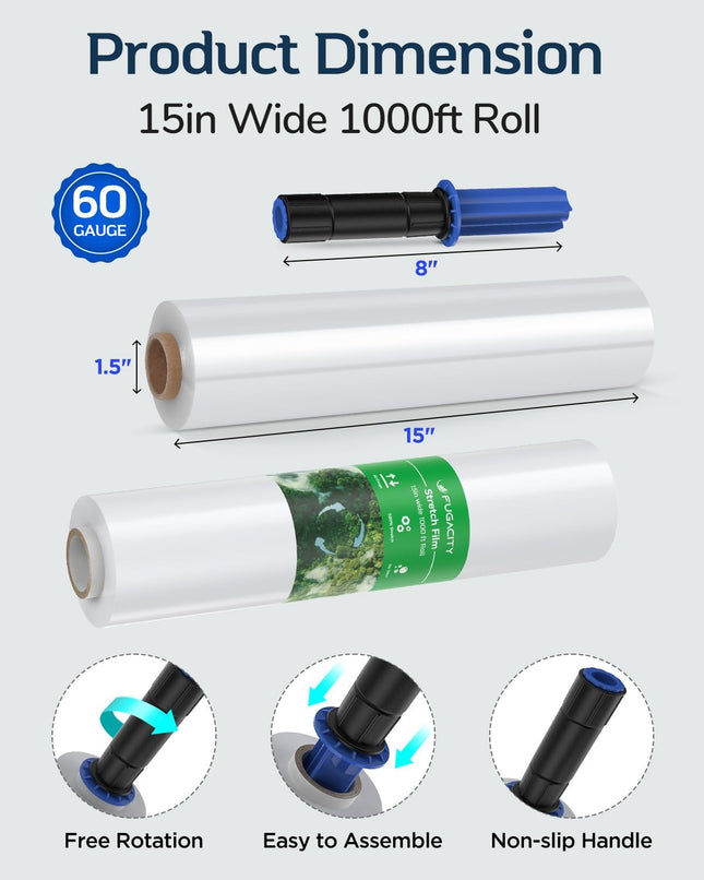 Fugacity Stretch Wrap Film-15 Inch 1000 Ft 60 Gauge Shrink Wrap for Pallet Wrapp