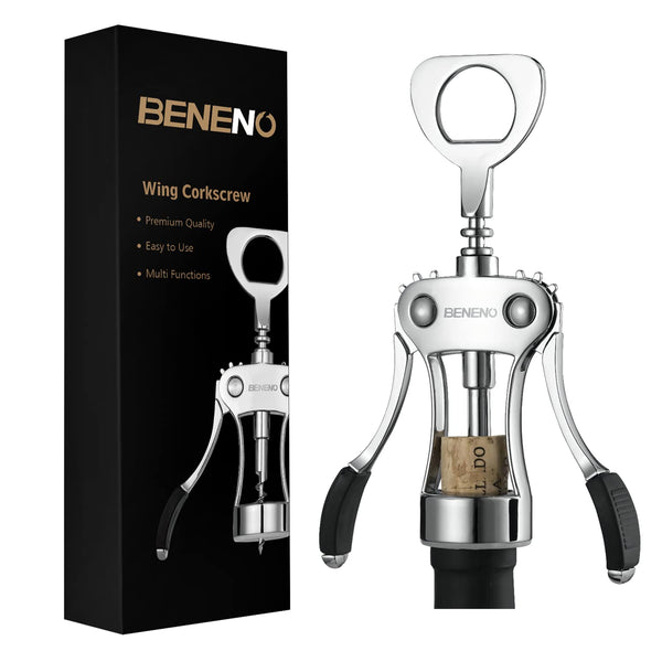 Beneno Wine Opener, Zinc Alloy Premium Wing Corkscrew with Multifunctional Bottles Opener, Sharp Wine Corkscrew with Ergonomic Non-Slip Wing