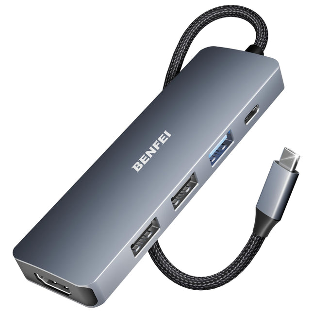 BENFEI USB C Hub 5-In-1 with 4K Hdmi(Certified), 100W Power Delivery, 3 USB-A, Silicone Cable, Aluminum Case Compatible 