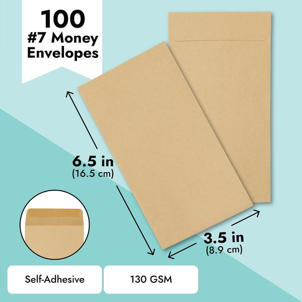 Juvale Money Envelopes for Cash - 100 Pack #7 Small Brown 3.5 x 6.5 in - Sturdy 130 GSM Paper & Secure Gum Adhesive Closure - For Cash Envelopes