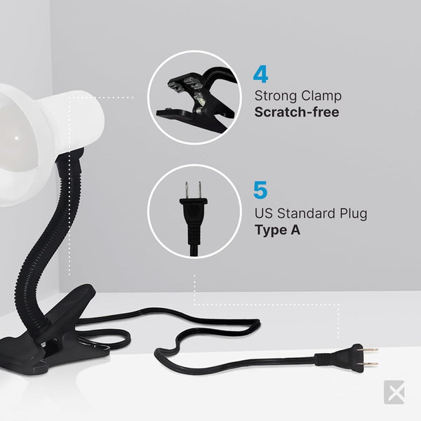 Xtricity LED Clip on Desk Lamp with 360° Flexible Gooseneck, White Finish | Reading Light for Bed Headboard– A19 Bulb Included, 120V, On/Off