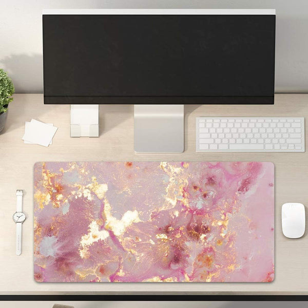 QiyI PU Leather Large Mouse Pad, Office Decor, 31.5" x 15.7", Rose Gold Pink Gold Marble 31.5" x 15.7"