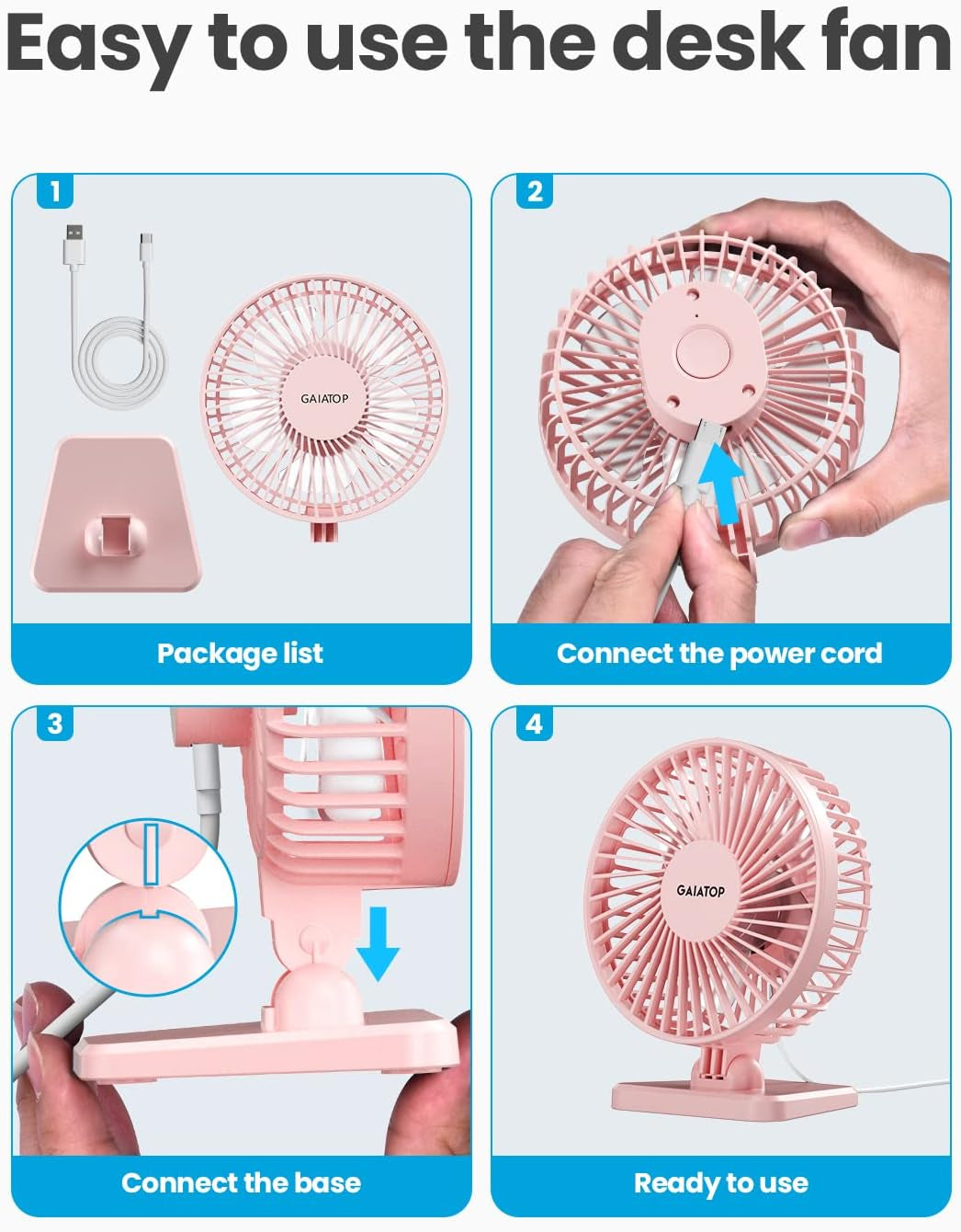 Gaiatop USB Desk Fan, Small but Powerful, Personal Portable Quiet 3 Speeds, Adjustable Mini Table Desktop Fan for Cooling Home Office Car Summer Travel Gifts Pink