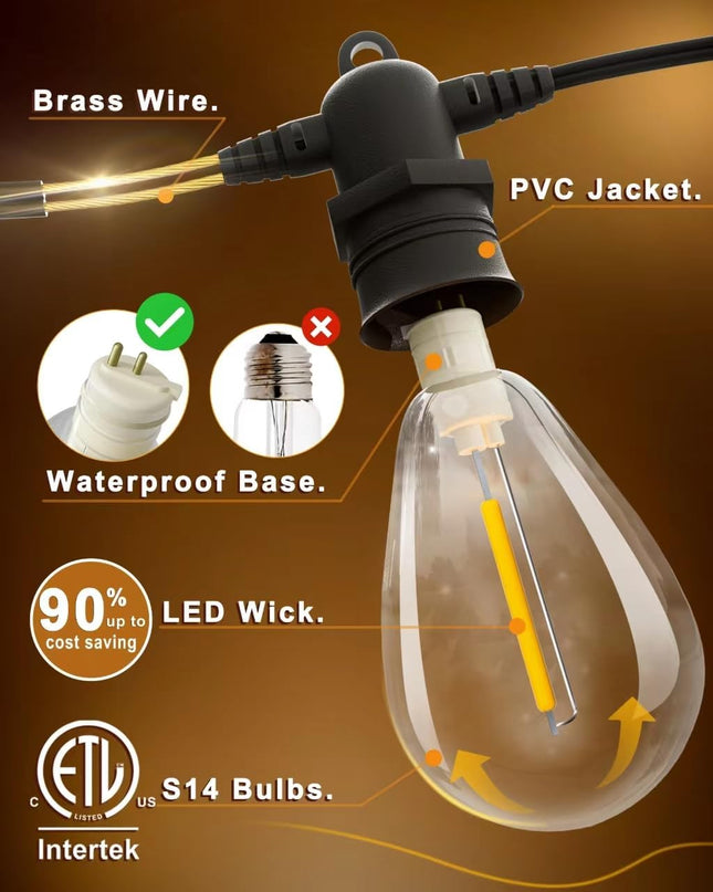 60FT LED Outdoor String Lights with 16+1 Edison Shatterproof IP65 Waterproof Bulbs, 2700K Dimmable Commercial Grade Pati