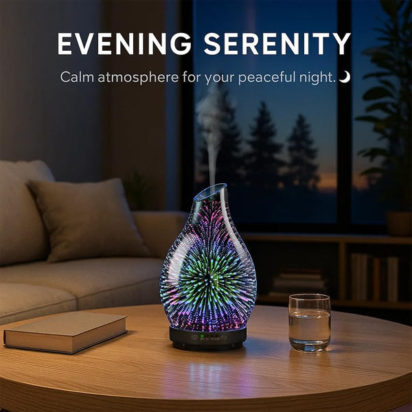 120ML Essential Oil Diffuser, 3D Glass Aromatherapy Diffuser with Auto Shut-Off and 7 Color LED Lights, Ultrasonic Mist Humidifier with 4 Timer