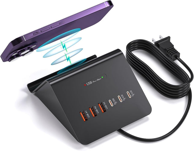 Multi-Device Charging Station, 100W Gan 6-Port USB C Charger Hub with 45W PD Wall Adapter & 15W Wireless Charger. Compat