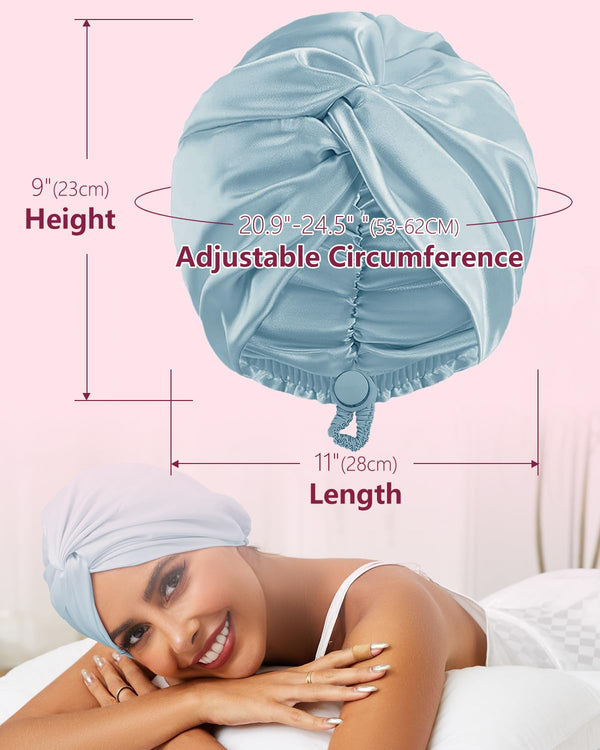 HFRHTGY Adjustable Silk Satin Hair Bonnet for Sleeping, Double Layer Hair Wrap Sleep Cap Turban for Women Men, Curly Straight Braid Unisex (Aqua