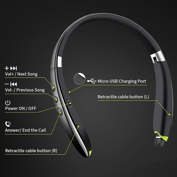 Bluetooth Headset, 2025 Upgraded Neckband Bluetooth Headphones with Retractable Earbuds, Noise Cancelling Stereo Earphones with Mic, Foldable