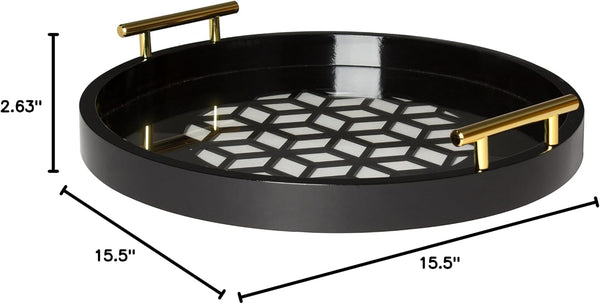 Kate and Laurel Caspen Round Cut Out Pattern Decorative Tray with Gold Metal Handles, Black 15.5" Black