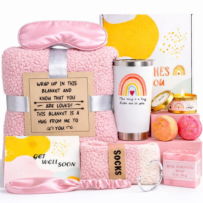 Get Well Soon Care Package for Women, 12 Pcs Deluxe Self-Care Gift Box with Pink Cozy Blanket, Tumbler, Candle & Spa Fee