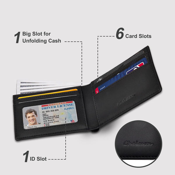 Chelmon Slim Wallet for Men ID Window with RFID Blocking Front Pocket Minimalist Bifold Bussiness Card Holder Gift for Men Black