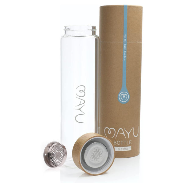 Mayu Water Bottle with Bamboo Lid, Eco Friendly & BPA Free, Plastic Free Borosilicate Glass Bottle - Zero Leak Design - for Outdoor Picnic,